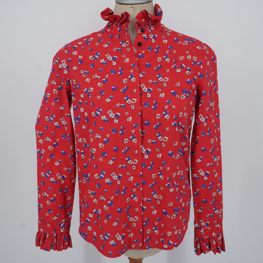 Claudie Pierlot Floral Ruffle Neck Blouse Womens 36 Red Cotton Long Sleeve Shirt